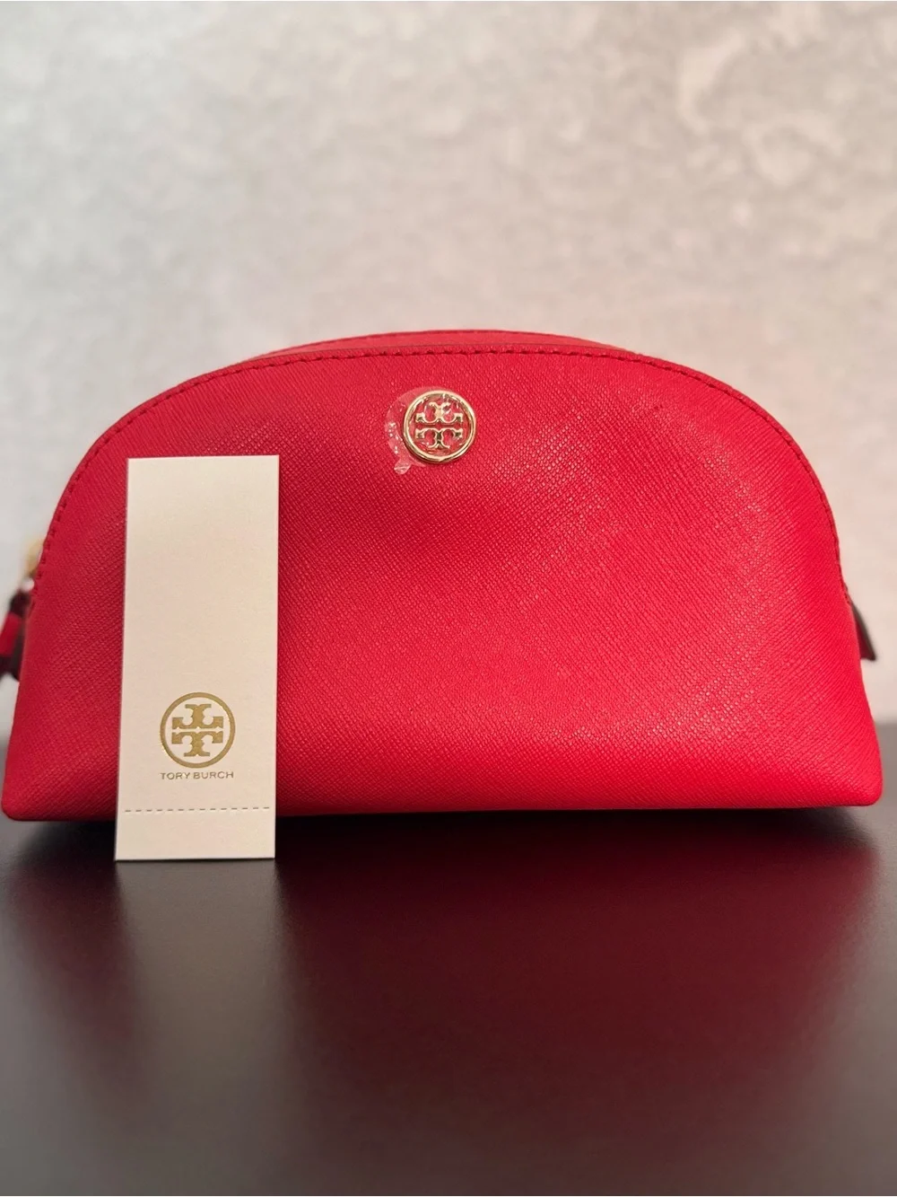Tory Burch Coral-Red Saffiano Zip Cosmetic Pouch